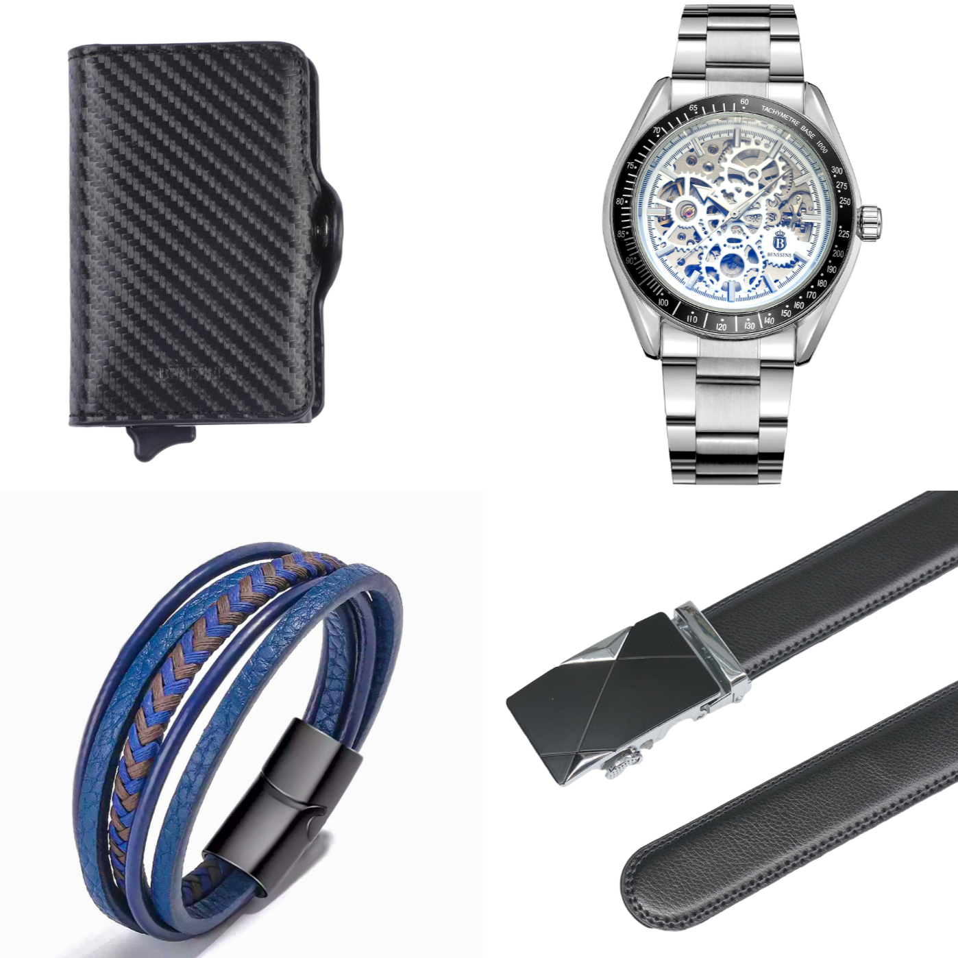 Heren Sieraden Geschenkset Silverio Zwart Zilverkleurig met Benssens Kaarthouder Armband Riem en Skeleton Horloge