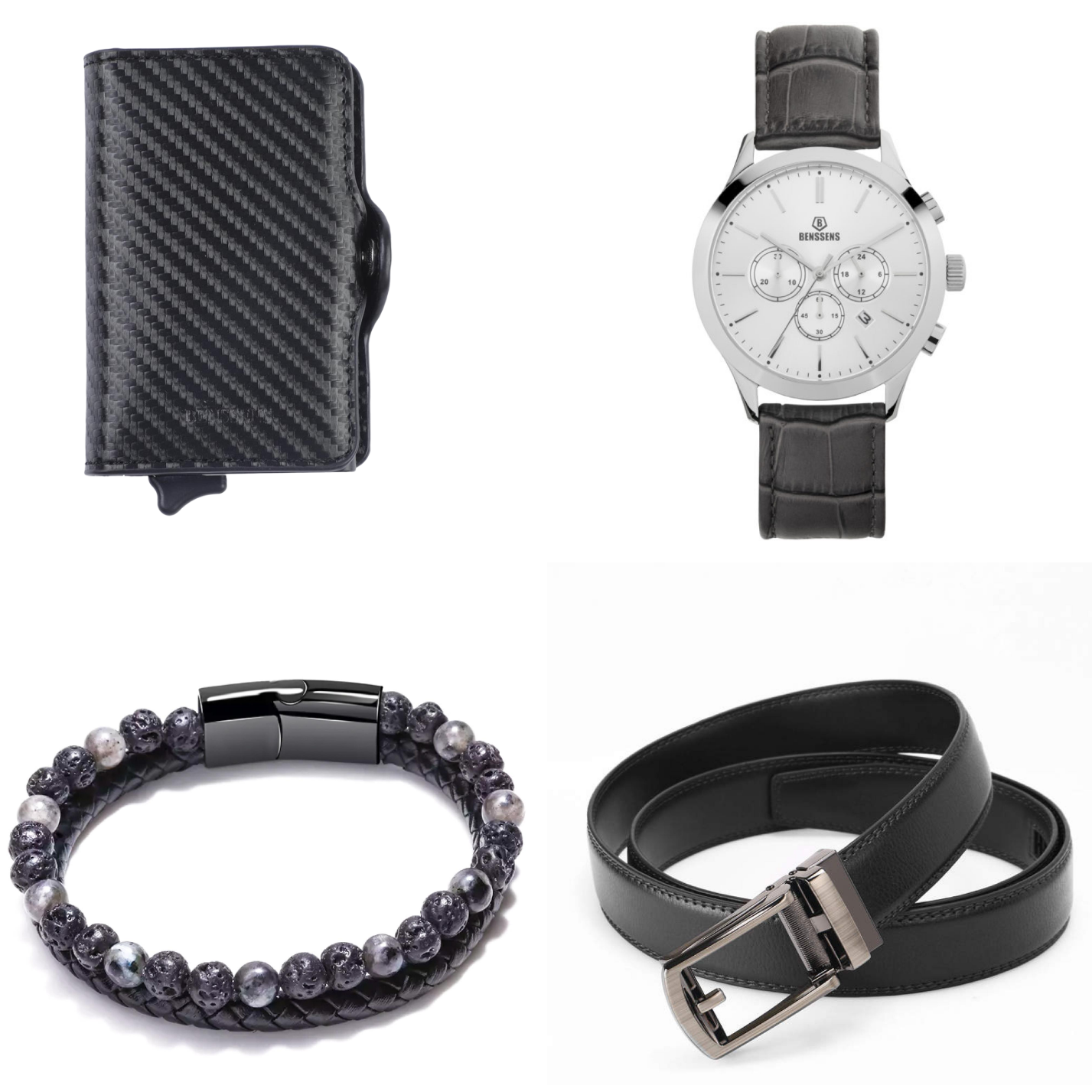 Luxe Accessoires Set van Benssens - Polshorloge met datumnotatie, Zwarte Kaarthouder, Lederen Riem, Armband en Giftbox"