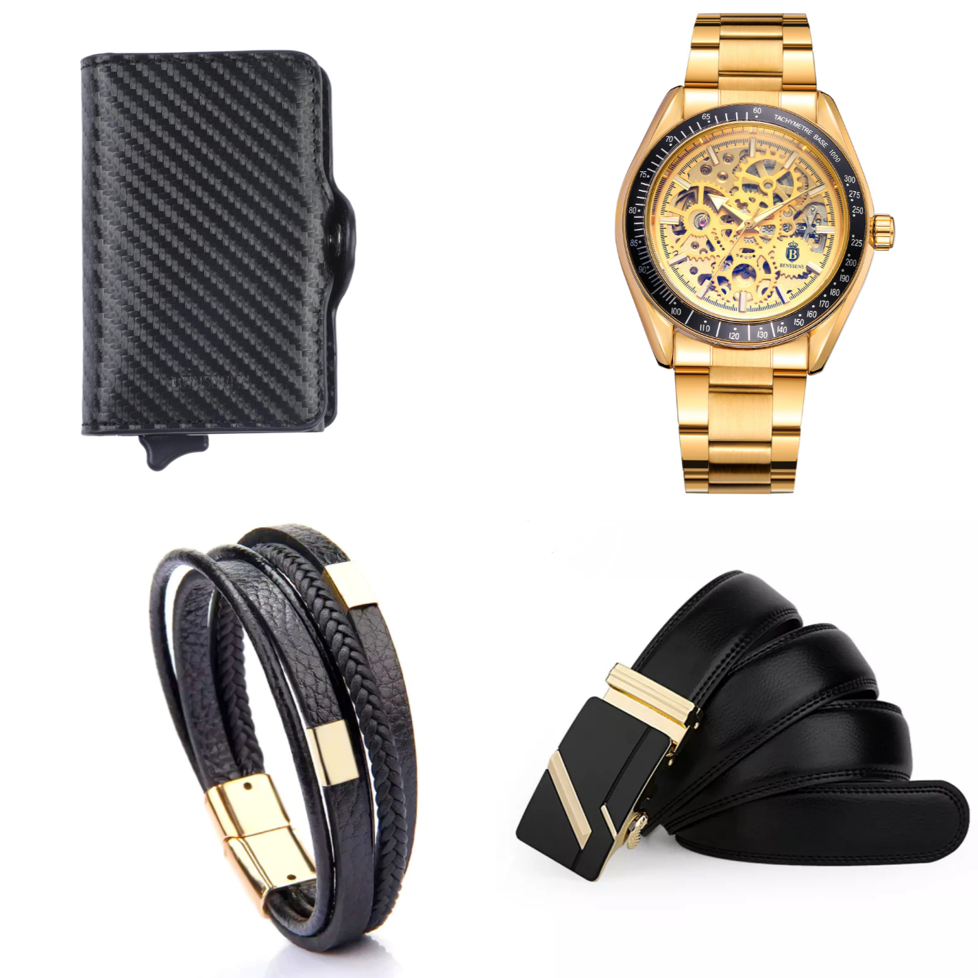 Heren Sieraden Geschenkset Zwart Goudkleurig Met Benssens Kaarthouder Armband Riem en Skeleton Opwind Horloge