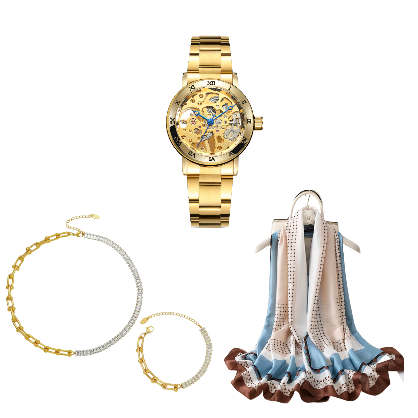 Dames Sieraden Nava Geschenkset met Sjaal Armband Oorbellen Halsketting en Skeleton Horloge