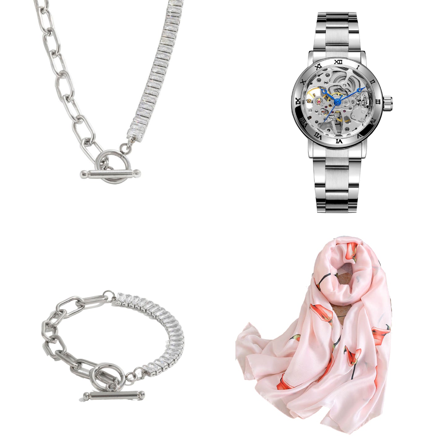 Heren Sieraden Geschenkset Zilverkleurig met Benssens Kaarthouder Armband Riem en Skeleton Horloge set Mila