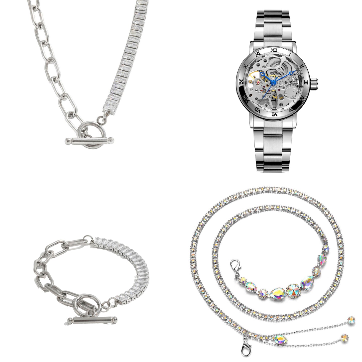 Dames Sieraden Geschenkset Valerie met Halsketting Armband Taille Riem en Skeleton Horloge