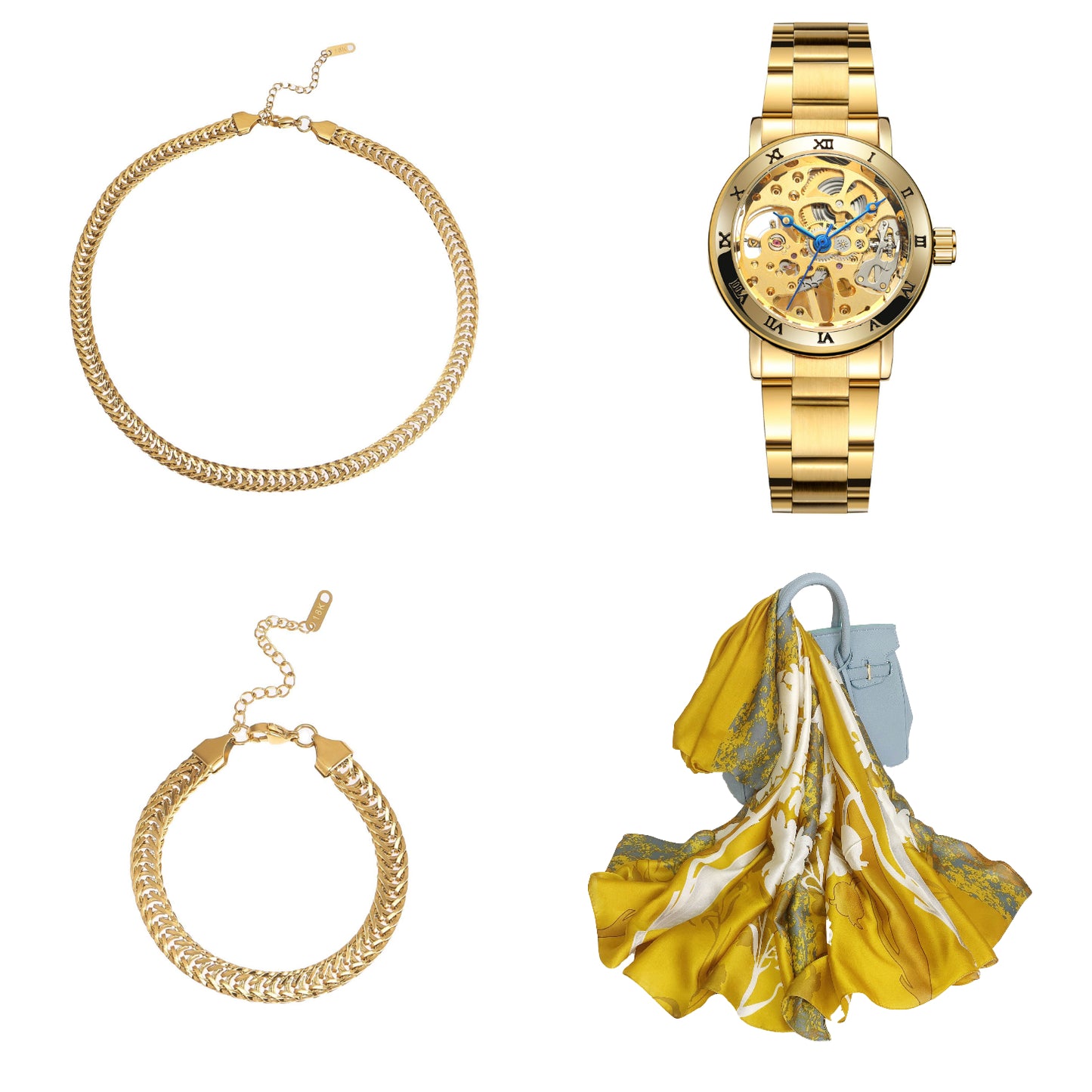 Dames Sieraden Geschenkset met Sjaal Armband Oorbellen Halsketting en Skeleton Horloge Larissa