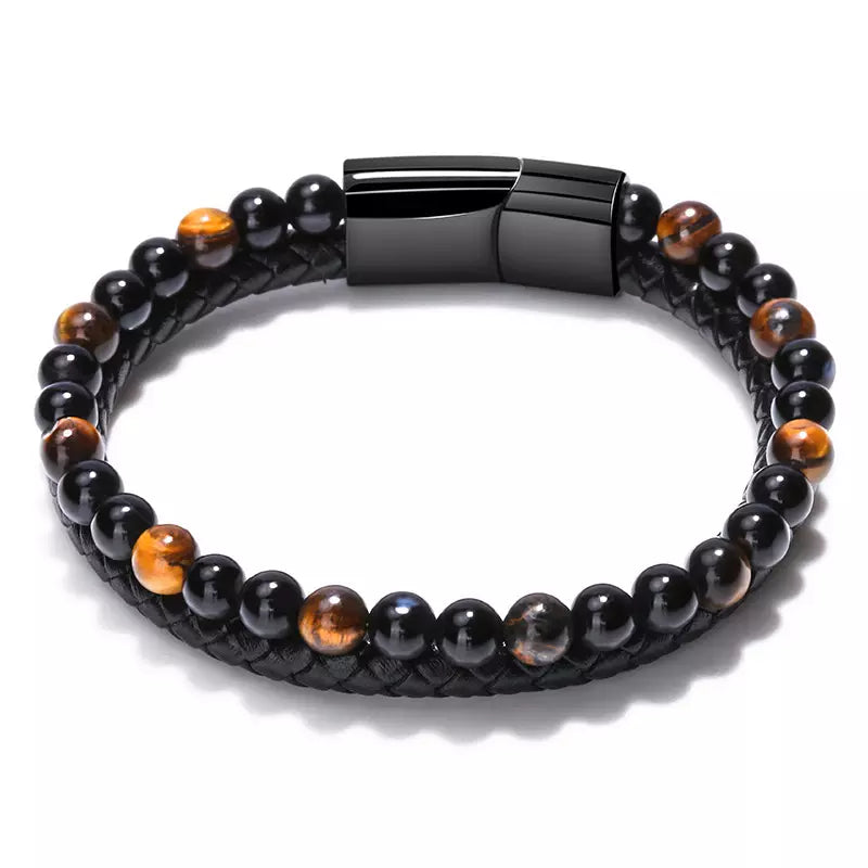 Heren Armband Echt Leer Met Magnetische Sluiting en Zwart Oranje Natuurstenen Kralen 21,5Cm Ilario