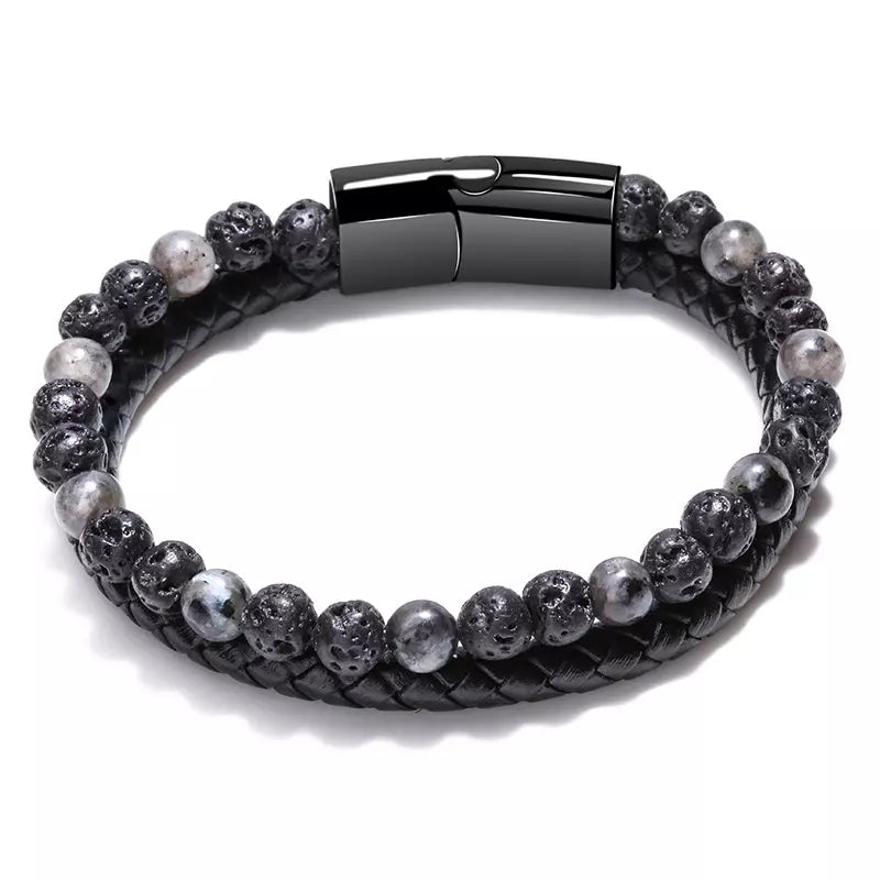 Heren Armband Echt Leer Met Zwart Grijs Natuurstenen Kralen 21,5Cm Ilario