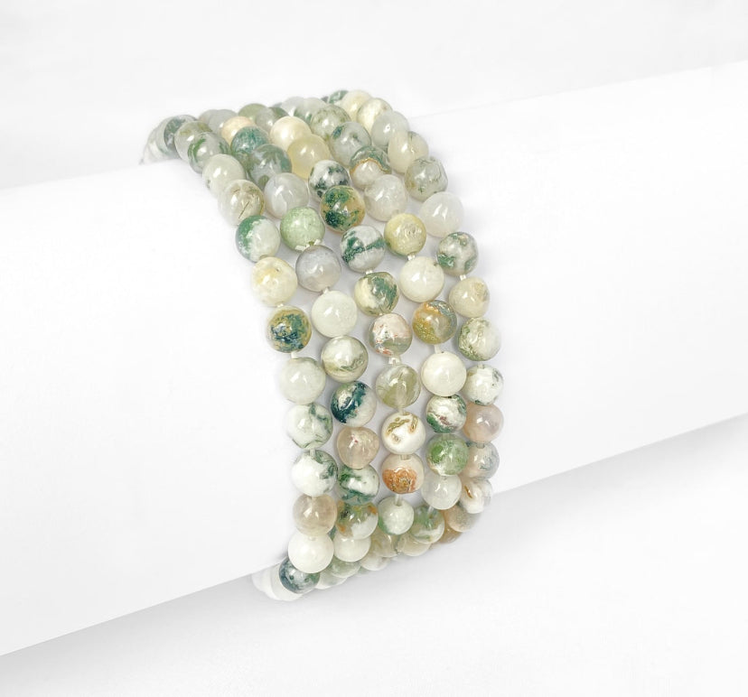 Dames Elastisch Armband Met Boom Agaat Wit Groen 19cm