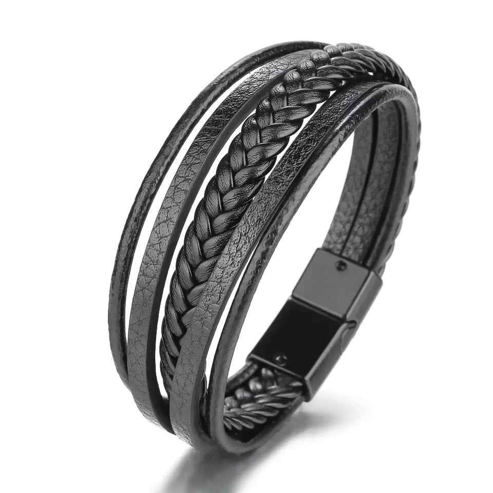 Heren Armband Echt Leer Zwart met Magnetische Sluiting 21 Cm Leone