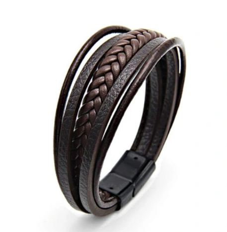 Heren Armband Echt Leer Bruin Zwart met Magnetische Sluiting 21 Cm Leone