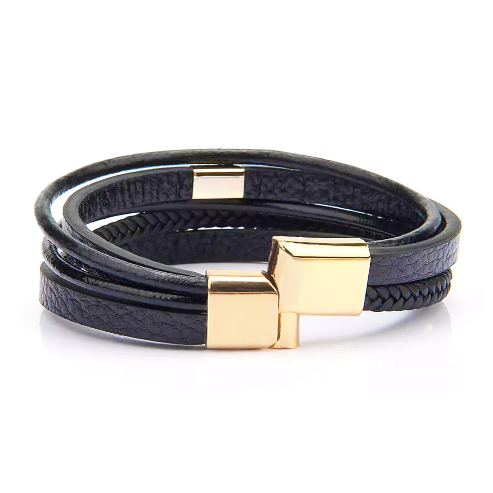 Heren Armband Echt Leer Zwart en Goud met Magnetische Sluiting 21 Cm Matteo