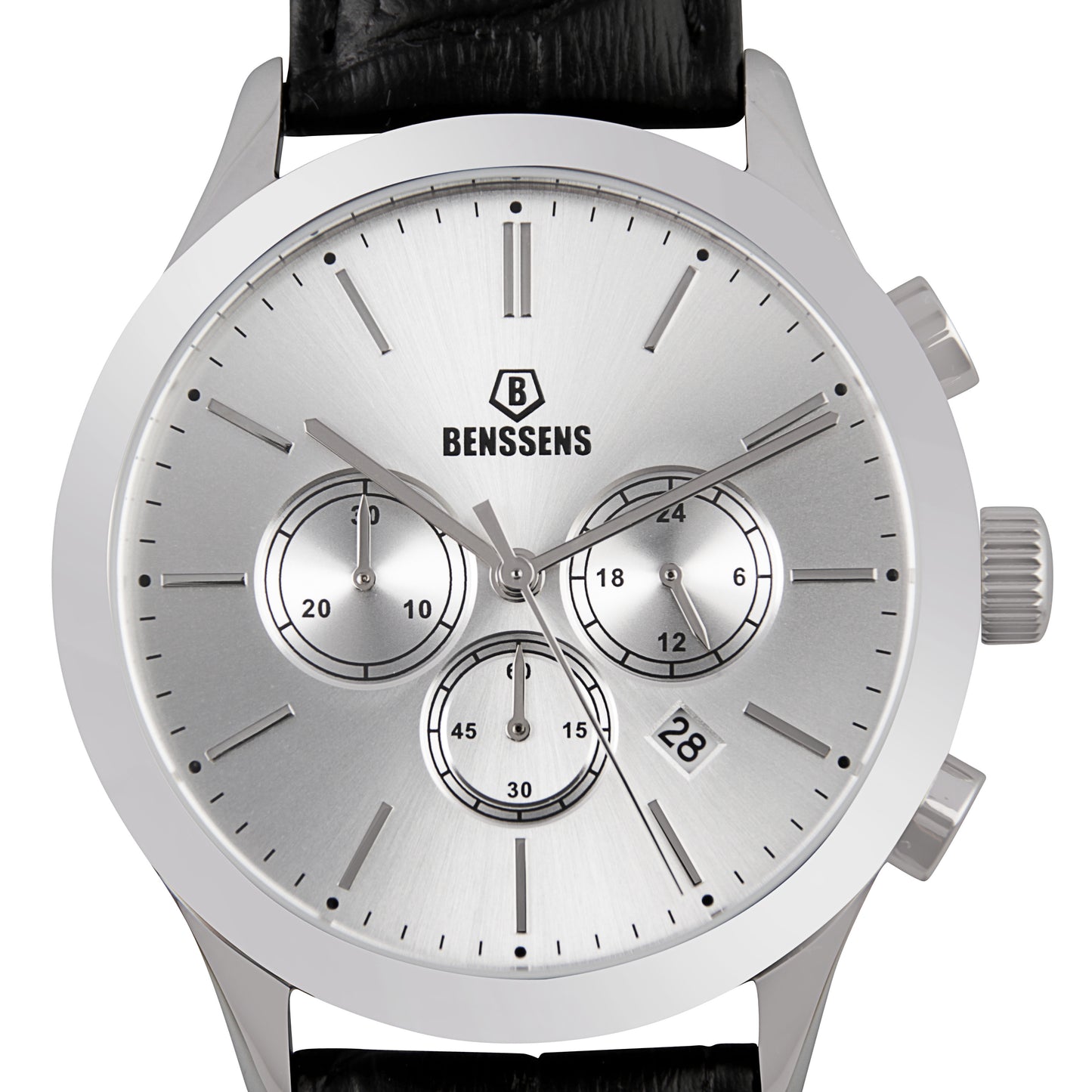 Heren Quartz Horloge Benssens Monaco met datumnotatie zilverkleurig met echt leren bandje.