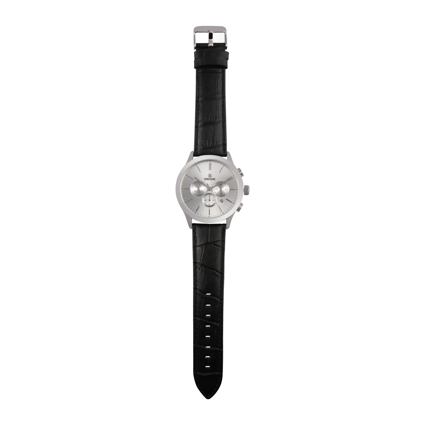 Heren Quartz Horloge Benssens Monaco met datumnotatie zilverkleurig met echt leren bandje.