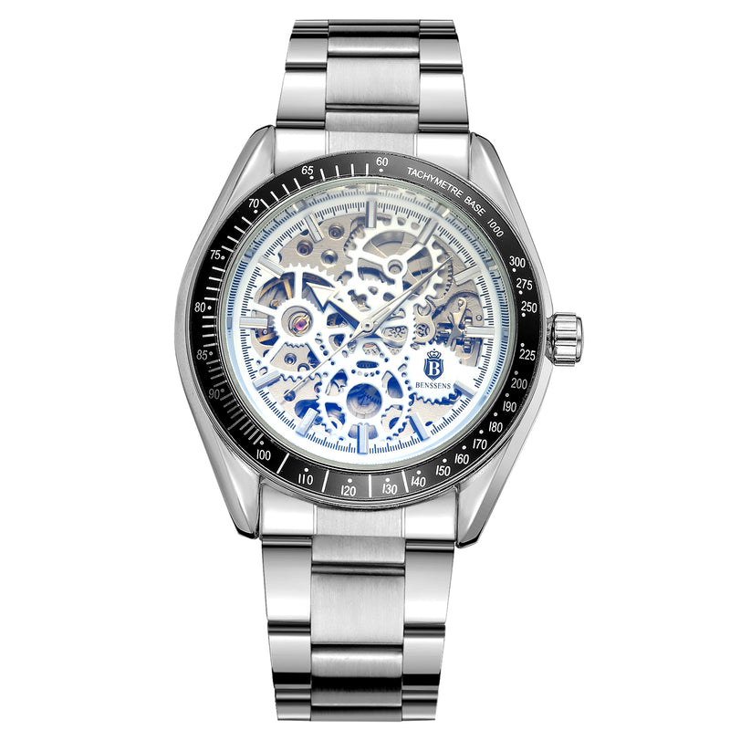 Heren Sieraden Geschenkset Kay Zilverkleurig met Benssens Kaarthouder Armband Riem en Skeleton Horloge