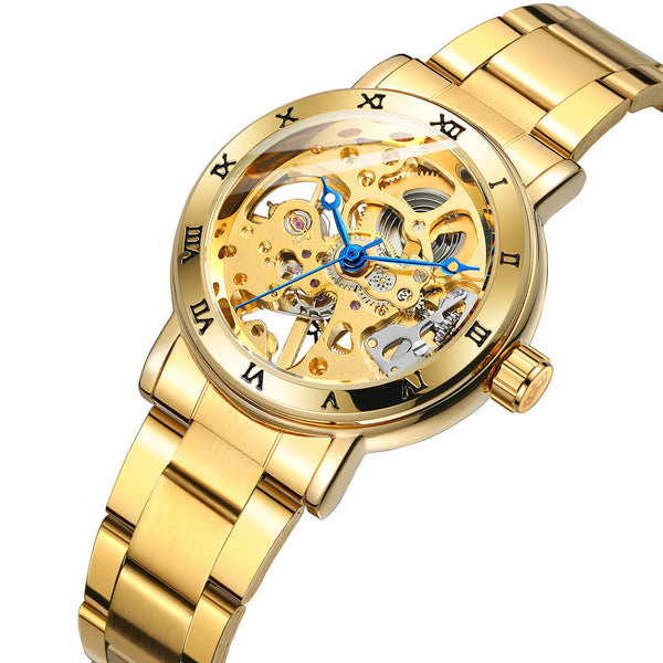 Dames Stainless Steel Skeleton Horloge - Benssens Goudkleurig Horloge met Blauwe Wijzers en Skeletband, Opwindbaar"