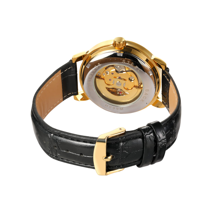 Heren Skeleton opwind goudkleurig horloge van Benssens met zwarte leren band