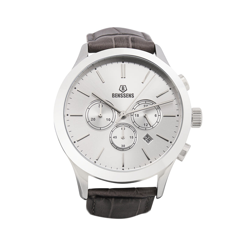 Heren Quartz Horloge Benssens Monaco Grey met Datumnotatie Zilverkleurig met Grijs Echt Lederen Bandje.