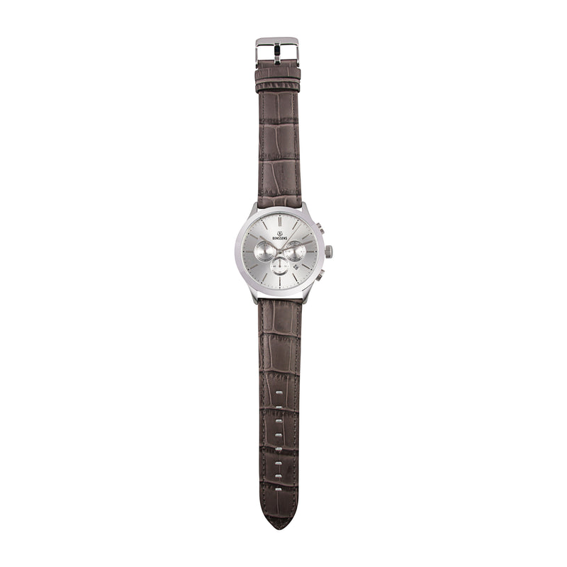 Heren Quartz Horloge Benssens Monaco Grey met Datumnotatie Zilverkleurig met Grijs Echt Lederen Bandje.