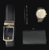 Luxe Accessoires Set van Benssens - Polshorloge met datumnotatie, Zwarte Kaarthouder, Lederen Riem, Armband en Giftbox"