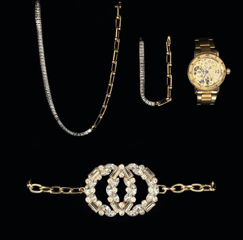 Dames Sieraden Geschenkset Novah met Halsketting Armband Parel Taille Riem en Skeleton Horloge
