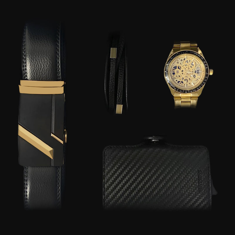 Heren Sieraden Geschenkset Zwart Goudkleurig Met Benssens Kaarthouder Armband Riem en Skeleton Opwind Horloge