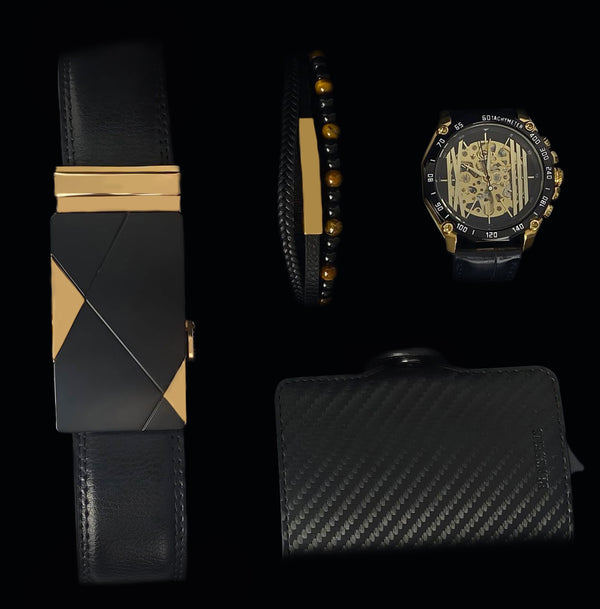 Heren Sieraden Geschenkset goudkleurig met Benssens Kaarthouder Armband Riem en Skeleton Horloge Levi