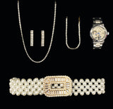 Dames Sieraden Geschenkset Vera met Halsketting Armband Taille Parel Riem en Skeleton Benssens Horloge
