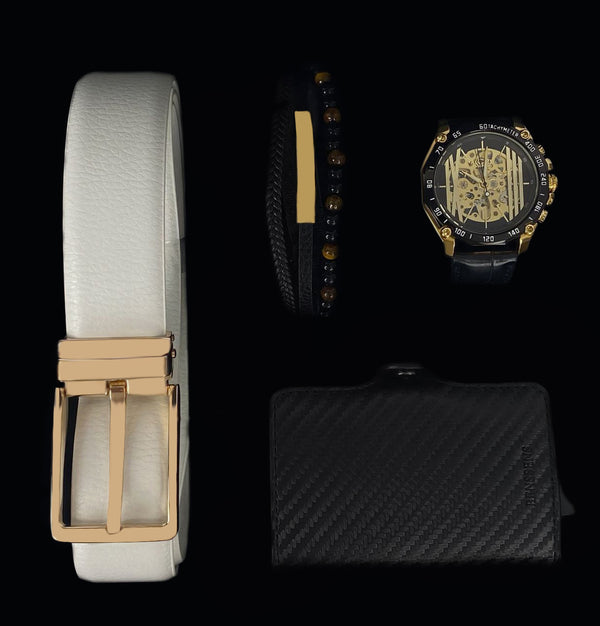 Heren Sieraden Geschenkset met Benssens Kaarthouder Armband Riem en Skeleton Horloge