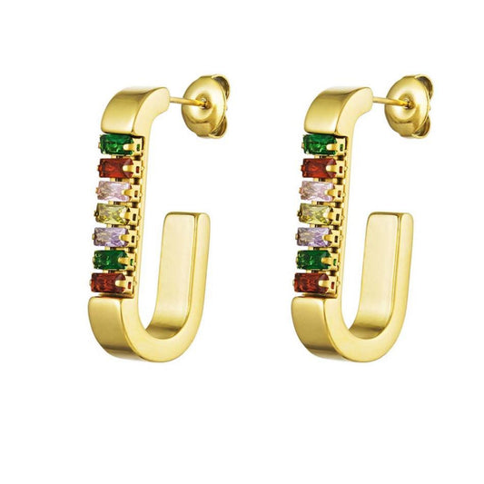 Dames Oorbellen Goudkleurig Stainless Steel met Zirkonia Steentjes in Diverse kleuren 2.8 Cm Milou