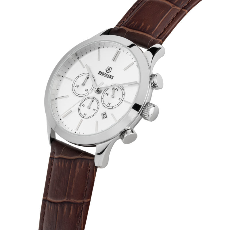 Heren Horloge Analoog Echt bruin Leder band saffierglas zilver met datumnotatie type Monaco