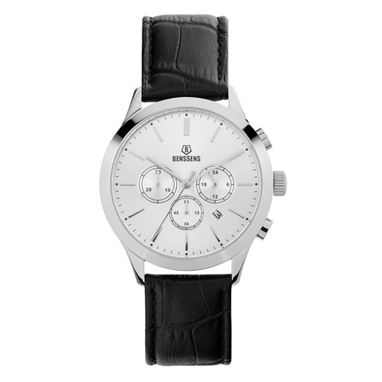 Heren Quartz Horloge Benssens Monaco met datumnotatie zilverkleurig met echt leren bandje.