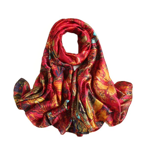 Dames Sjaal Satijn Rood Oranje met Abstract Motief 180 Cm Esma