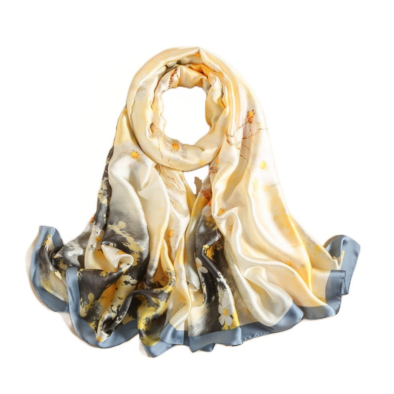 Dames Sjaal Satijn Creme Wit Blauw en Geel 180 cm