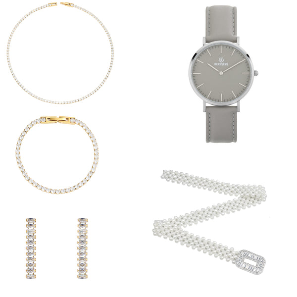 Dames Sieraden Geschenkset met Parel Taille Riem Armband Oorbellen Halsketting en Benssens Horloge Lara