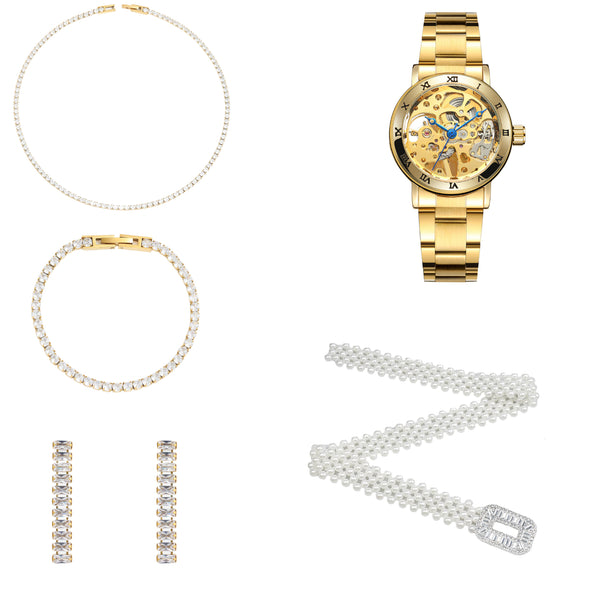 Dames Sieraden Geschenkset Rasha met Halsketting Armband Taille Parel Riem en Skeleton Benssens Horloge