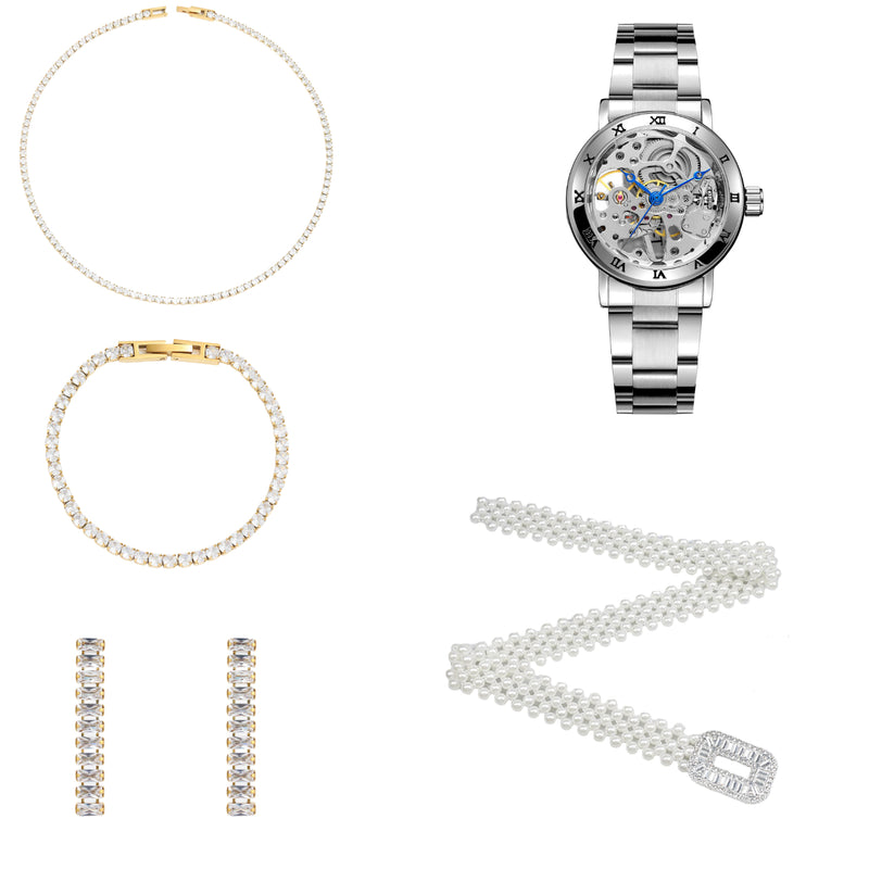 Dames Sieraden Geschenkset Vera met Halsketting Armband Taille Parel Riem en Skeleton Benssens Horloge