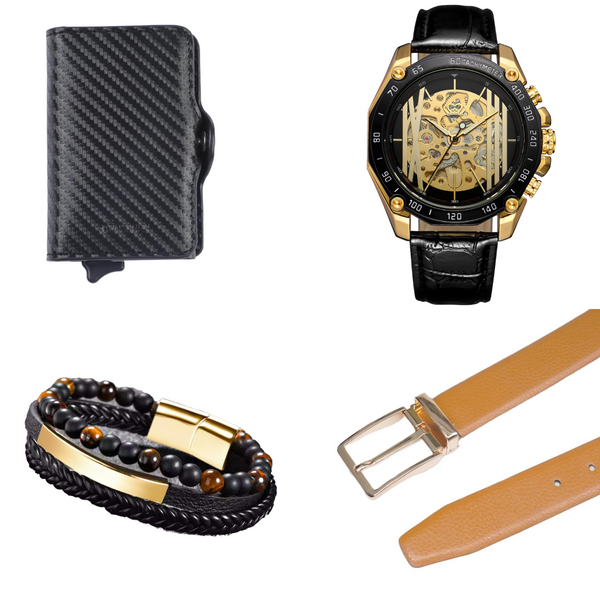 Heren Sieraden Geschenkset goudkleurig met Benssens Kaarthouder Armband Riem en Skeleton Horloge Casimiro