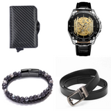 Heren Sieraden Geschenkset Timothy Zilverkleurig met Benssens Kaarthouder Armband Riem en Skeleton Horloge