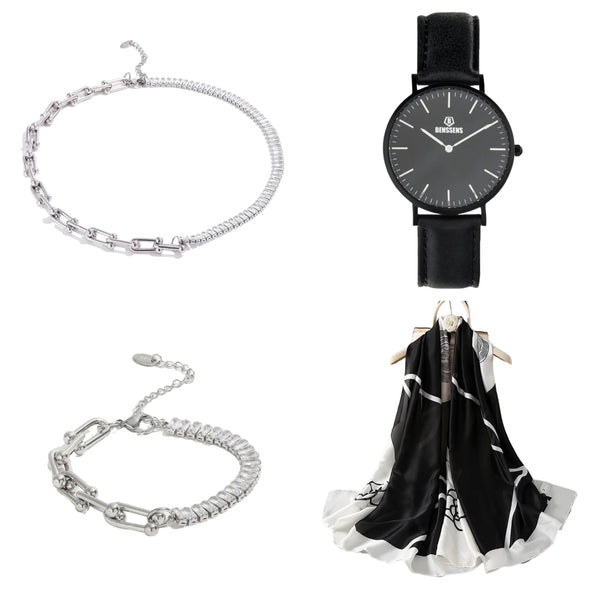 Dames Sieraden Geschenkset zilverkleurig met Benssens Halsketting Armband Sjaal en analoog Benssens Horloge set Liliaan