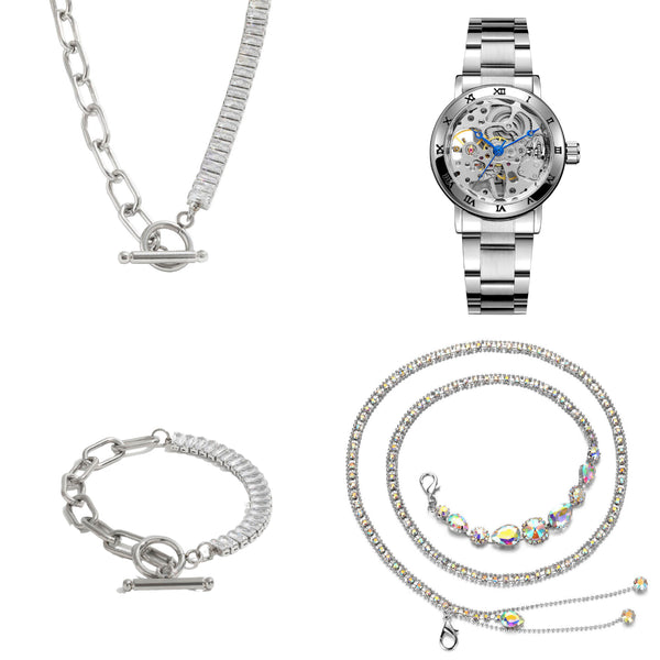 Dames Sieraden Geschenkset Valerie met Halsketting Armband Taille Riem en Skeleton Horloge