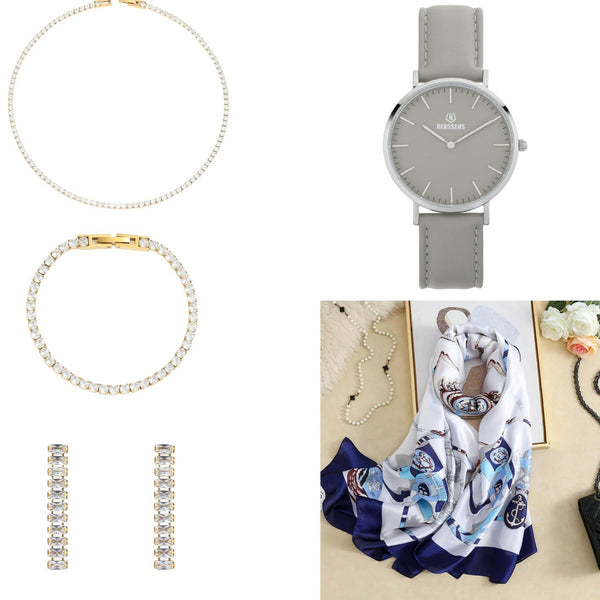 Dames Sieraden Geschenkset met Sjaal Armband Oorbellen Halsketting en Skeleton Horloge Set Britt