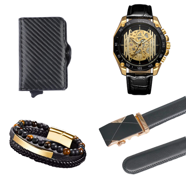 Heren Sieraden Geschenkset goudkleurig met Benssens Kaarthouder Armband Riem en Skeleton Horloge Levi