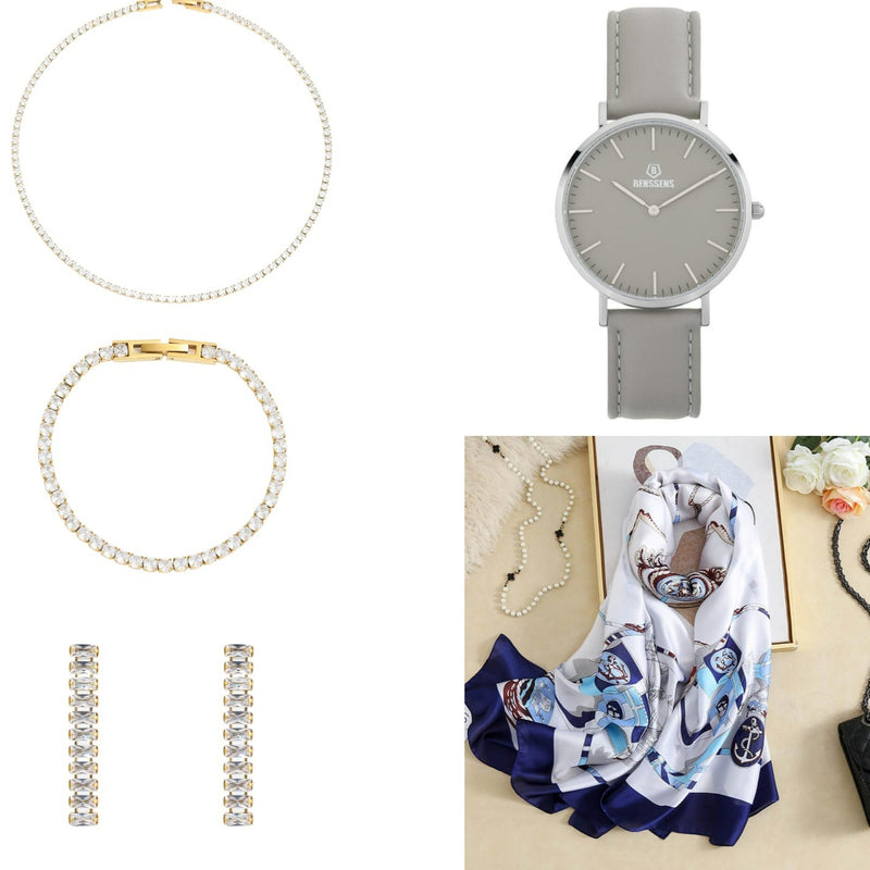 Dames Sieraden Geschenkset met Sjaal Armband Oorbellen Halsketting en Skeleton Horloge Set Britt
