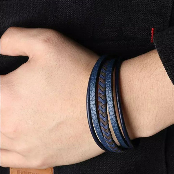 Heren Lederen Armband Blauw Zwart met Magnetische Sluiting 21Cm Leone