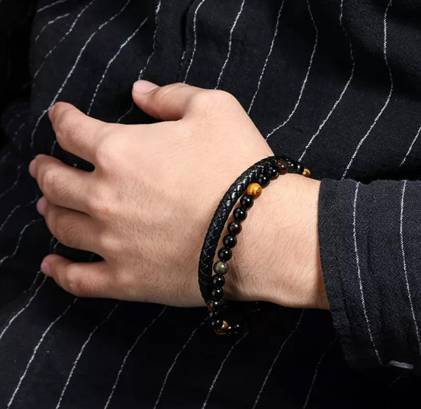 Heren Armband Echt Leer Met Magnetische Sluiting en Zwart Oranje Natuurstenen Kralen 21,5Cm Ilario